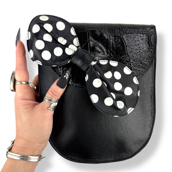1960's handmade black leather polka dot bow handbag by FREDA ZAPPAN Philadelphia - Picture 6 of 14